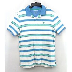 IZOD Advantage Perfomrance Polo Shirt Mens Large Blue White Striped Rugby Golf
